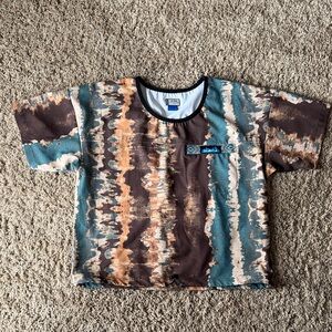 Kavu Short Sleeve Top - Teal, Brown & Cream Pattern - cinch waist